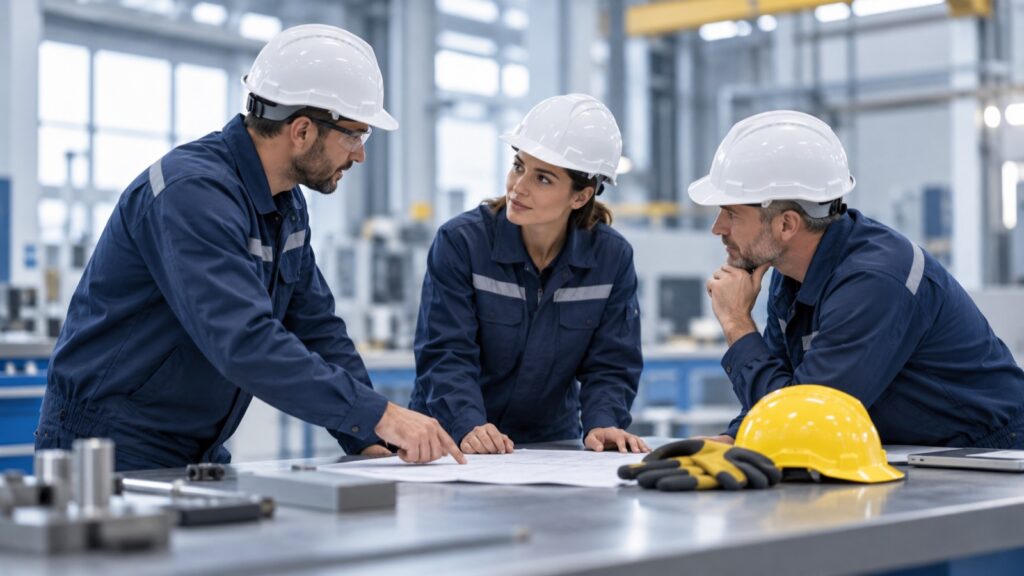 Tecnici HSE che condividono buone pratiche di sicurezza in un ambiente industriale