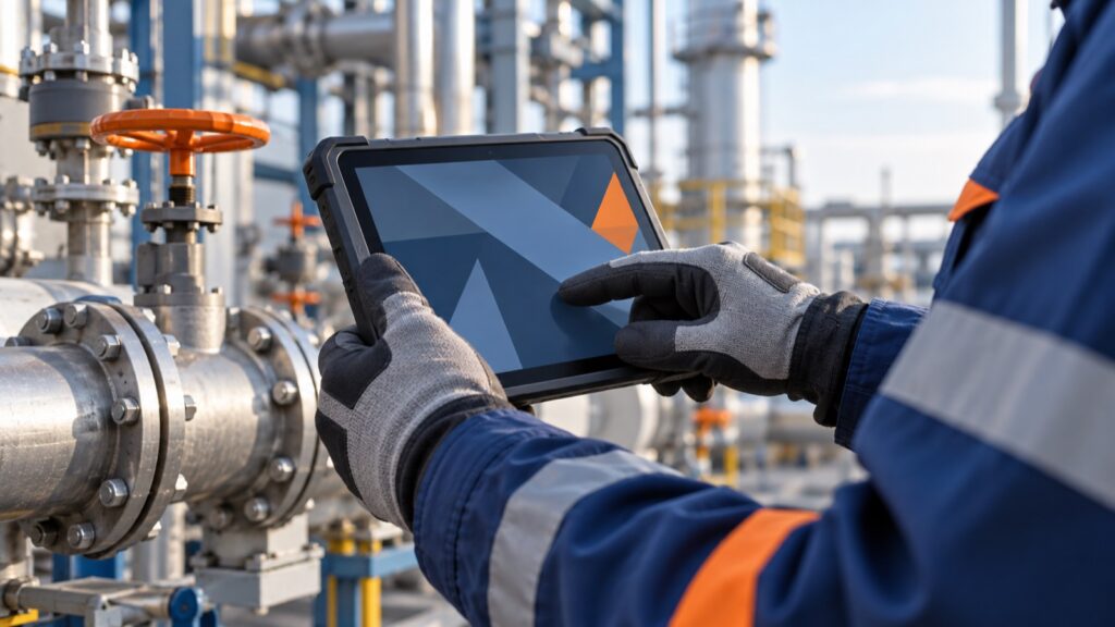 Operatore che gestisce i Permessi di Lavoro digitali su tablet in un impianto industriale