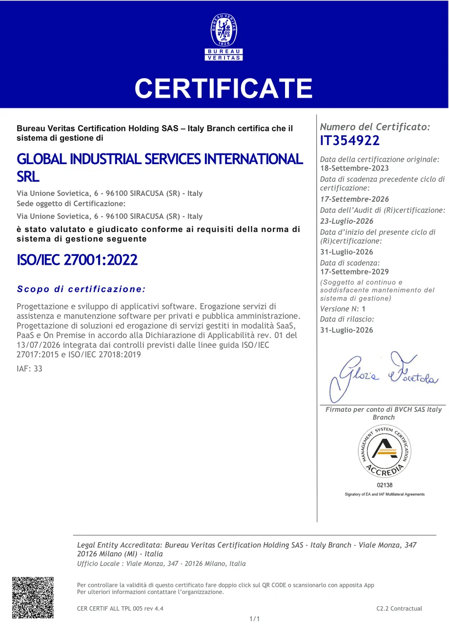Certificato ISO/IEC 27001:2022 di Global Industrial Services International S.r.l. rilasciato da Bureau Veritas, n. IT354922